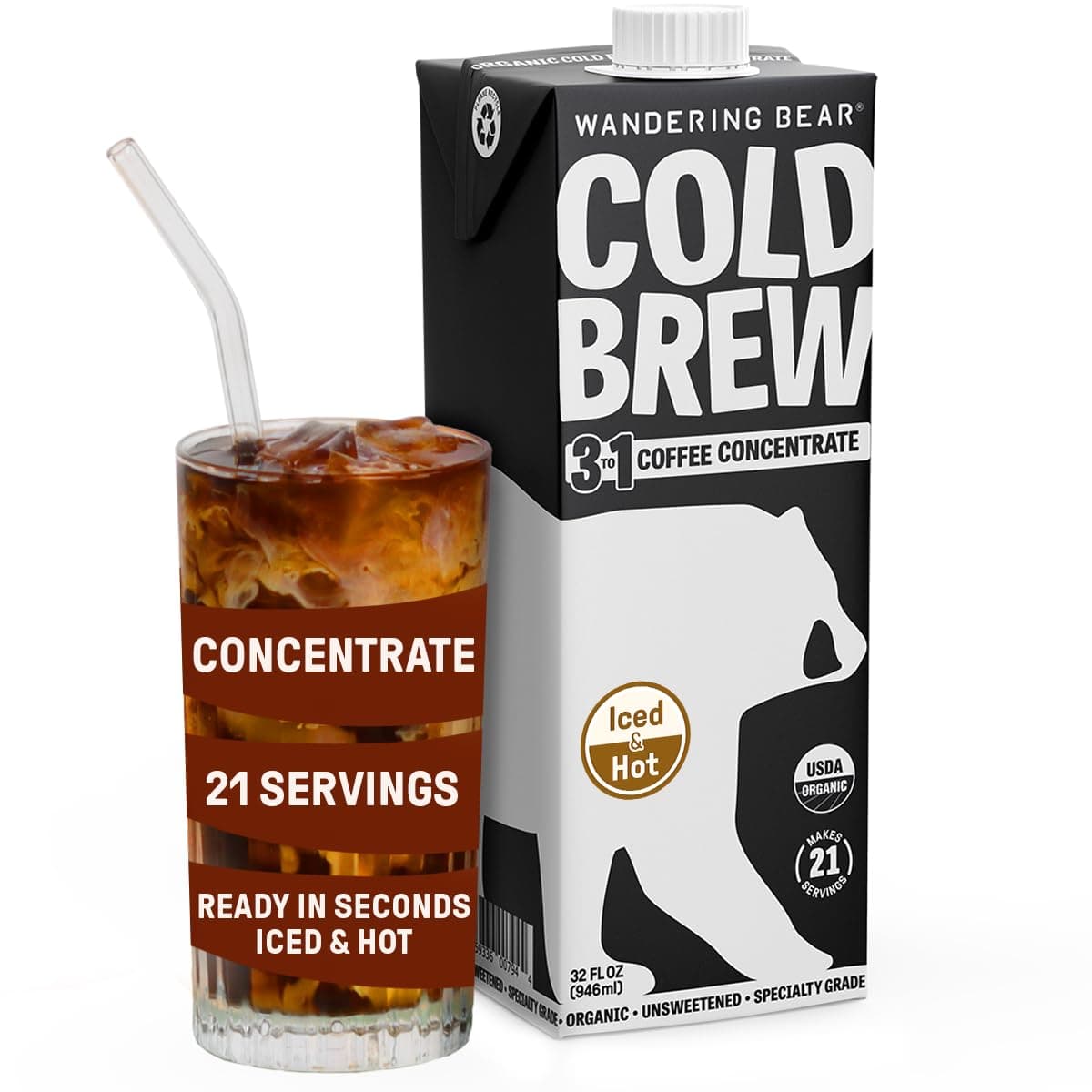 Wandering Bear Organic Unsweetened Extra Strong Cold Brew in a Box - Make Your Own Iced Coffee Drink with Wandering Bear Black Concentrate, Shelf-Stable & Vegan - 21 Servings - 32 fl.oz