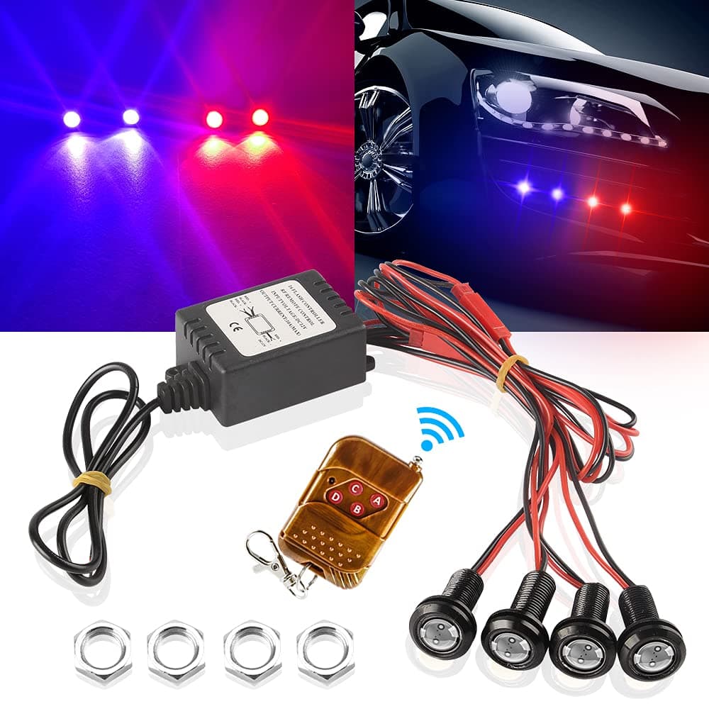 Sidaqi 4 in 1 LED Eagle Eye Emergency Strobe Warning Lights With Wireless Remote Control 18mm Eagle Eye light Daytime Running DRL Tail Backup Light for Car Truck Motorcycle 12V(Red&Blue)