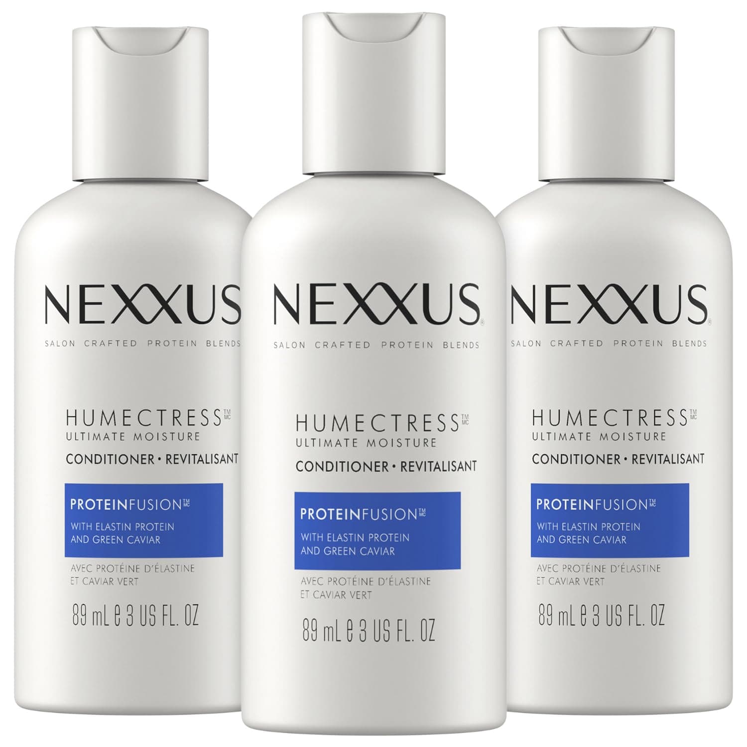 Nexxus Conditioner, Humectress, Travel-Size 3-Pack – Ultimate Moisture for Dry Hair with Elastin Protein and Green Caviar, 3 Oz Ea
