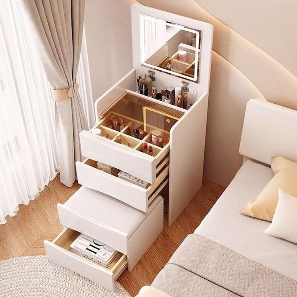 Multifunctional Makeup Dressing Table Drawers Make Up Organizer Storage Cabinet Makeup Table Set With Touch Light Vanity Mirror And Cushioned Stool 40 X 40 X 82 Centimeter White