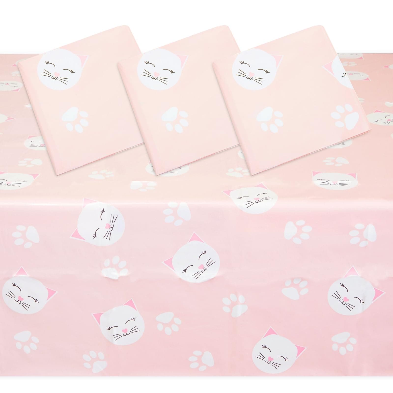Sparkle and Bash Cat Tablecloth 3 Pack - Pink, 54 x 108 in, Disposable Plastic - Kitten Tablecloths & Pink Cat Party Decorations
