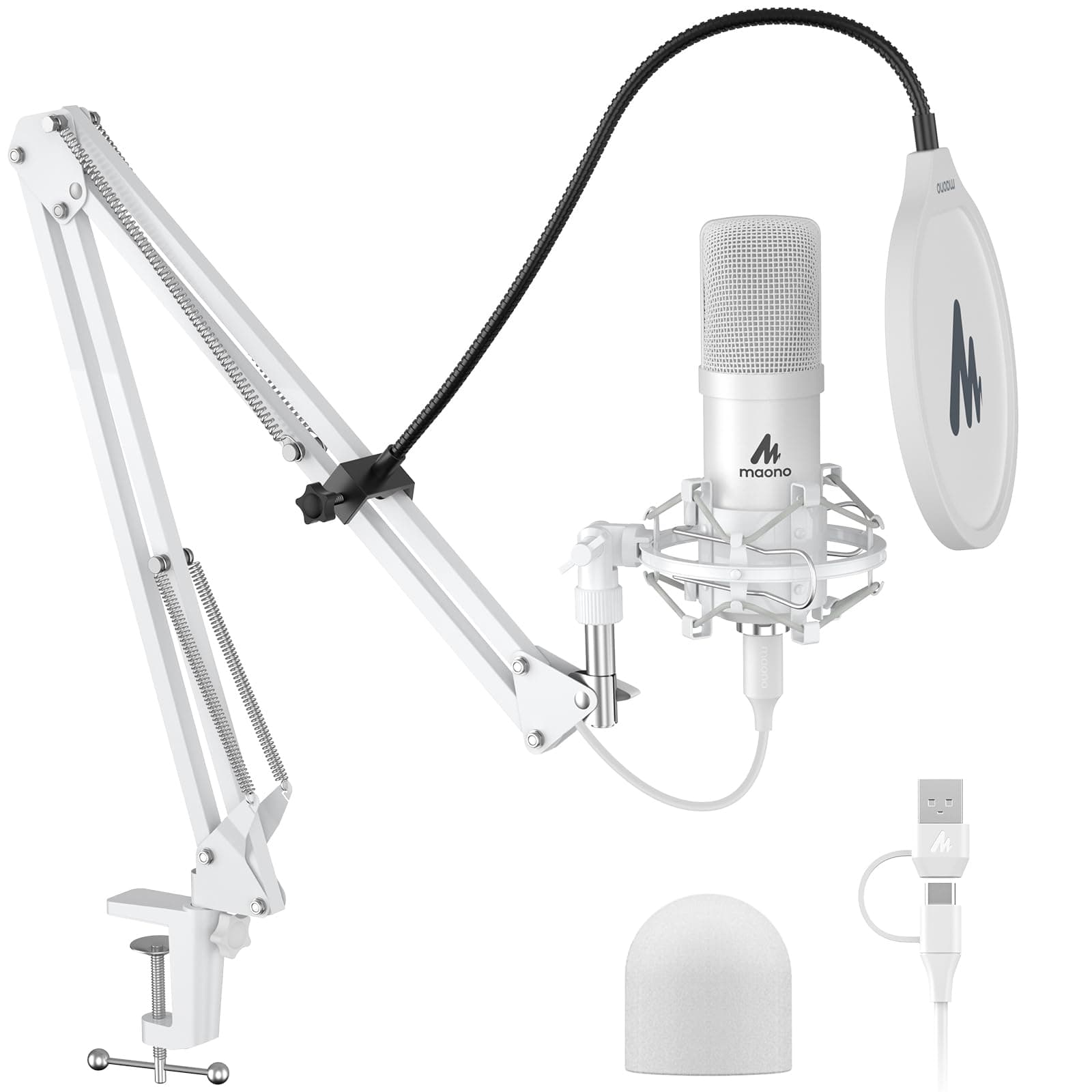 USB Microphone, 192kHz/24bit Plug & Play PC Computer Podcast Condenser Cardioid Metal Mic Kit with Professional Sound Chipset for Recording, Gaming, Singing, YouTube, AU-A04 White