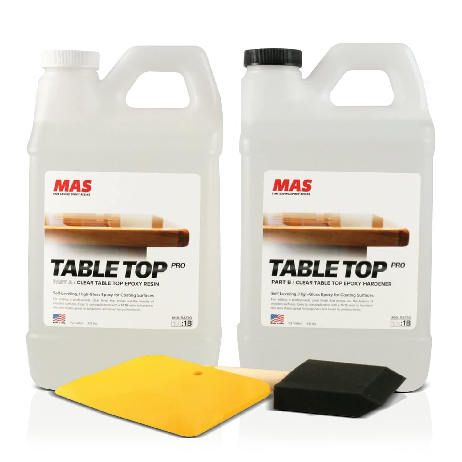 MAS Crystal Clear Epoxy Resin One Gallon Kit | Table Top Pro Epoxy Resin & Hardener | Two Part Kit for Wood Tabletop, Bar Top, Resin Art | Set Includes Spreader & Brush | Professional Grade Coating