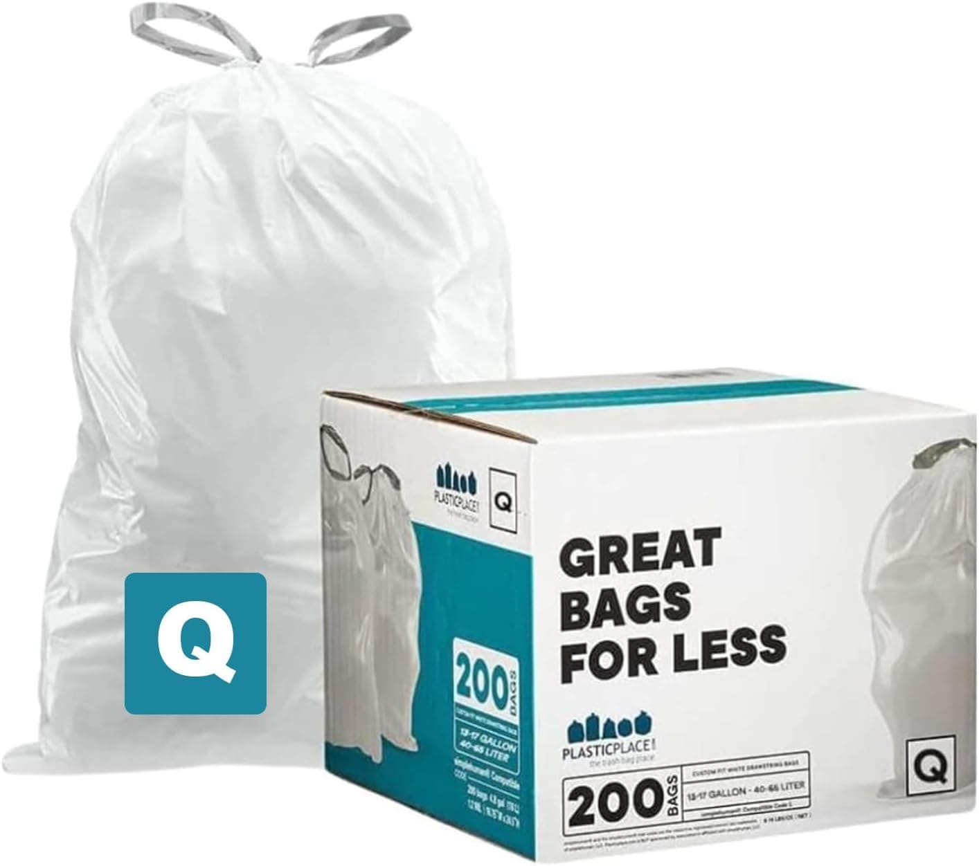 - Plasticplace Custom Fit Trash Bags Compatible with simplehuman Code Q (200 Count) Drawstring Garbage Bags 13-17 Gallon White, Tear-Resistant Tall Kitchen Trash Bags for Garbage Cans Recycling 1.2 Mil