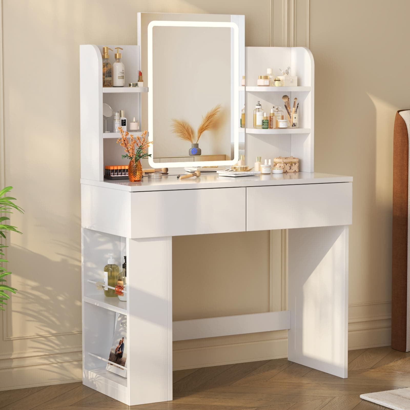 Devoko Dressing Table with LED Lighting Mirror,3 Light Colors,Adjustable Brightness,Vanity Table,Makeup Desk with 2 Drawers and 4 Storage Shelves, 90 x 40 x 135 cm, Modern White