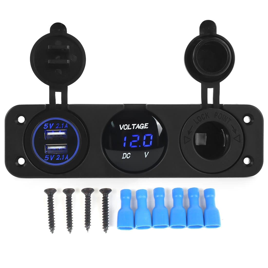 AOTOMIO Triple Function LED Car Digital Voltmeter & Dual USB Car Charger 5V up to 4.2A & 12V Outlet Power Socket Blue LED Three Holes Panel Waterproof Cap (Applicable on car, Motorbike & Boat)