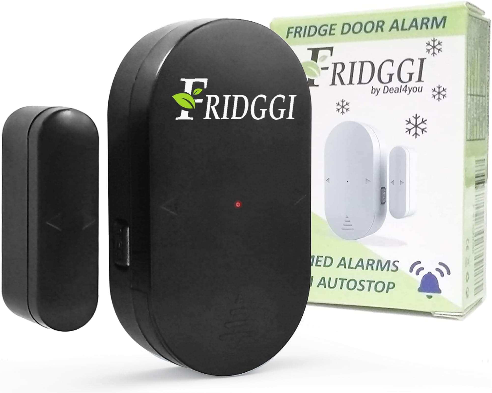 FRIDGGI - Refrigerator Door Alarm with 60 Second Delay, 2, 3, and 4 Minute Reminders, Freezer Door Chime, Low/Loud 80 to 110 dB – Compact Size. (Black)