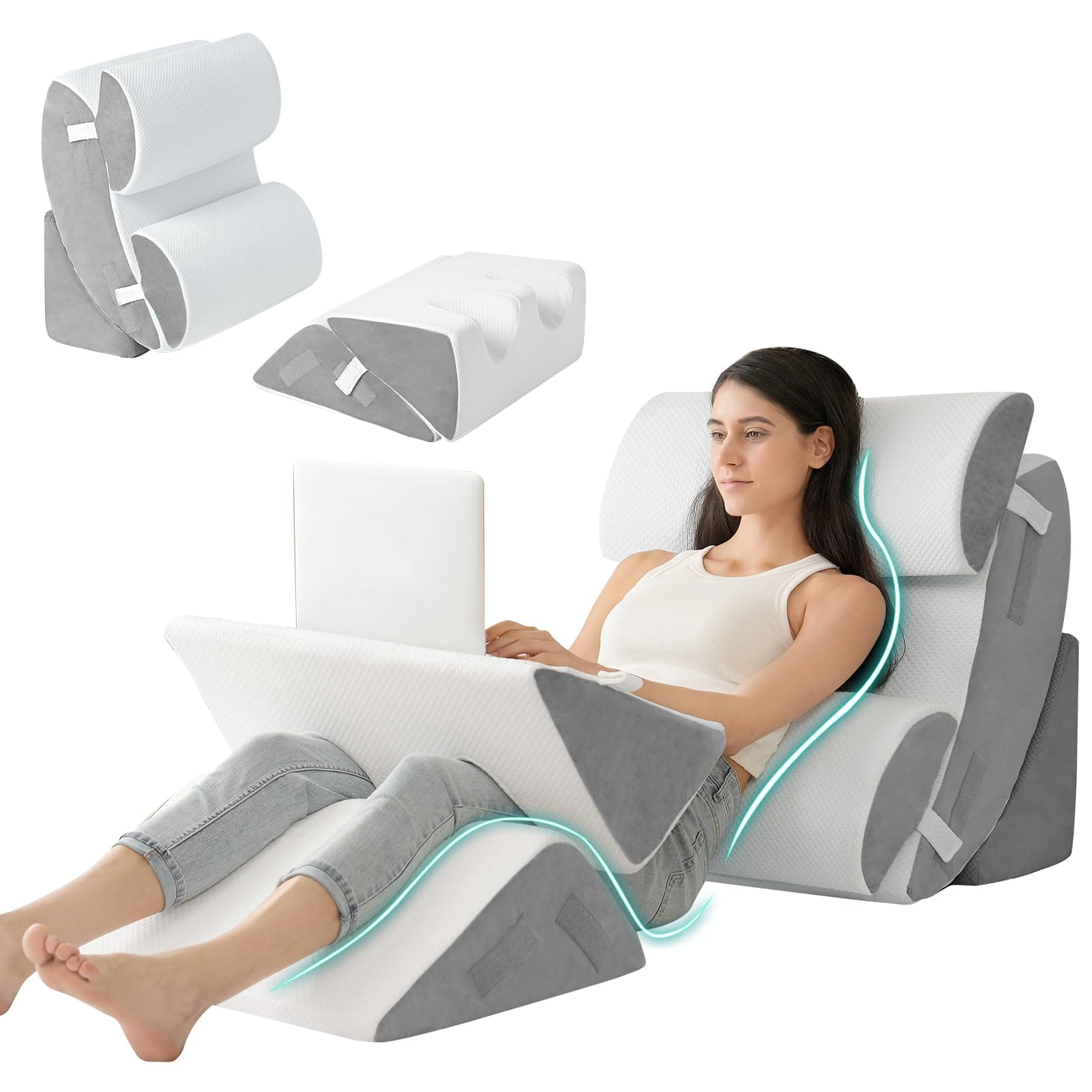 Bed Wedge Pillow Set for After Surgery 6PCS, Post Surgery Pillow for Sleep Apnea and Acid Reflux Relief, Adjustable Reading Pillows Back Support with Memory Foam, White, 23"