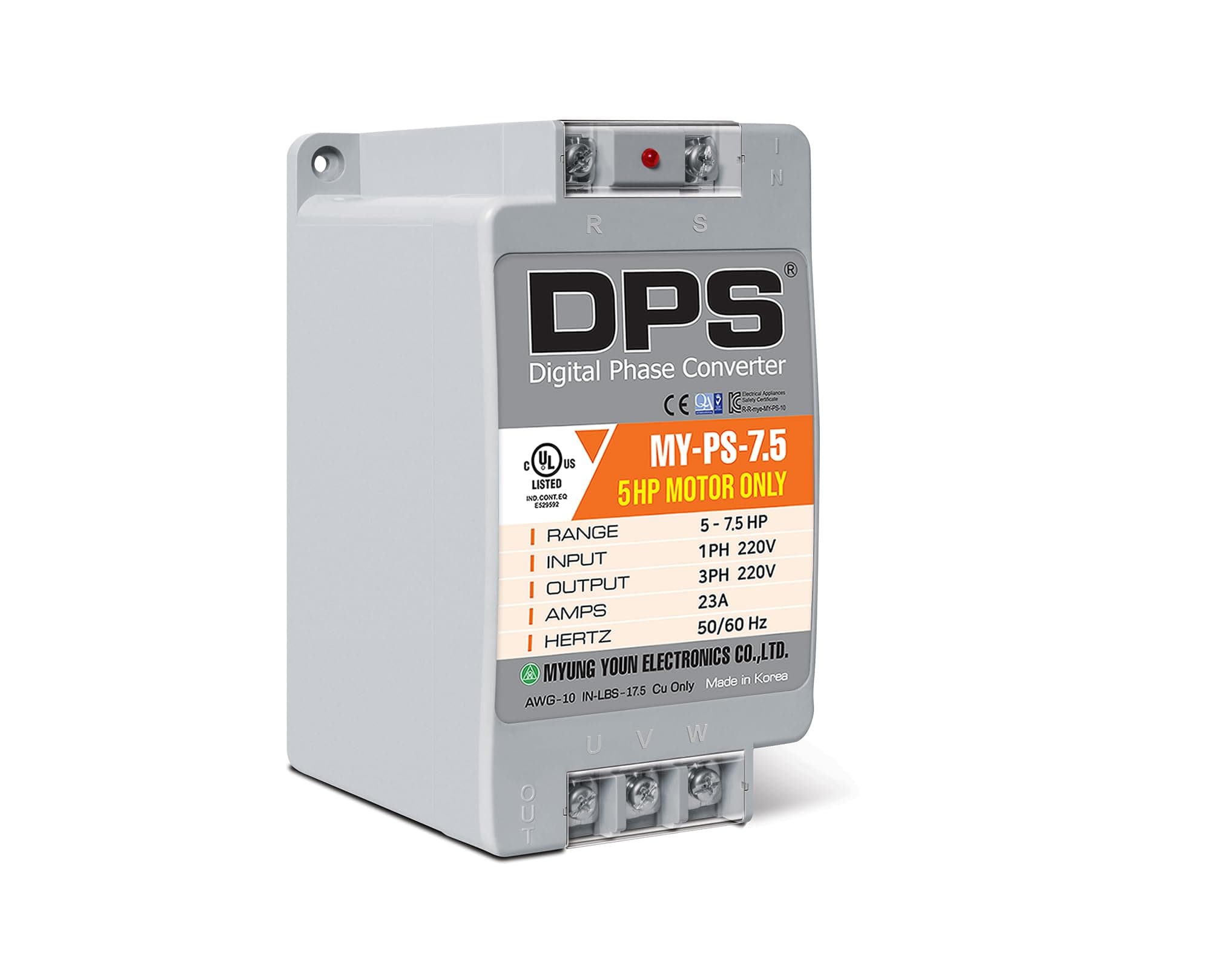 DPS Capacity 7.5HP 23A 220V, Single Phase to Three Phase Converter, MY-PS-7.5 Should be Used for 5CV(3.7kW) 15A 220V Three-Phase Motor Only, Must be Used For One Motor Only, UL Listed