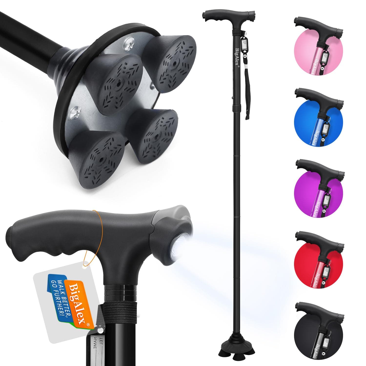 BigAlex Folding Walking Cane with LED Light,Pivoting Quad Base,Adjustable Walking Stick with Carrying Bag for Man/Woman (Alloy Base)