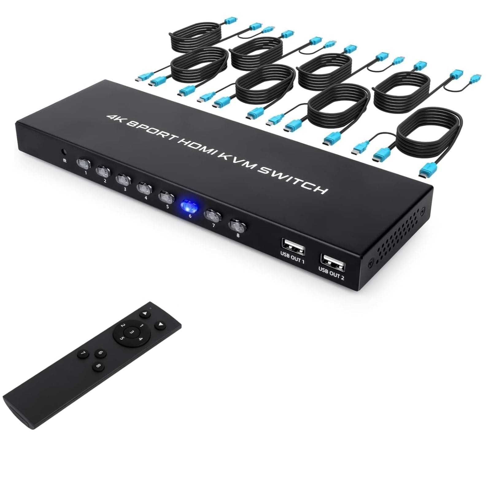 4K KVM Switch 8 Port, HDMI USB Switch for 8 Computers Share 4K@30Hz Monitor and 4 USB Devices, with IR Remote and 8 HDMI&USB KVM Cables