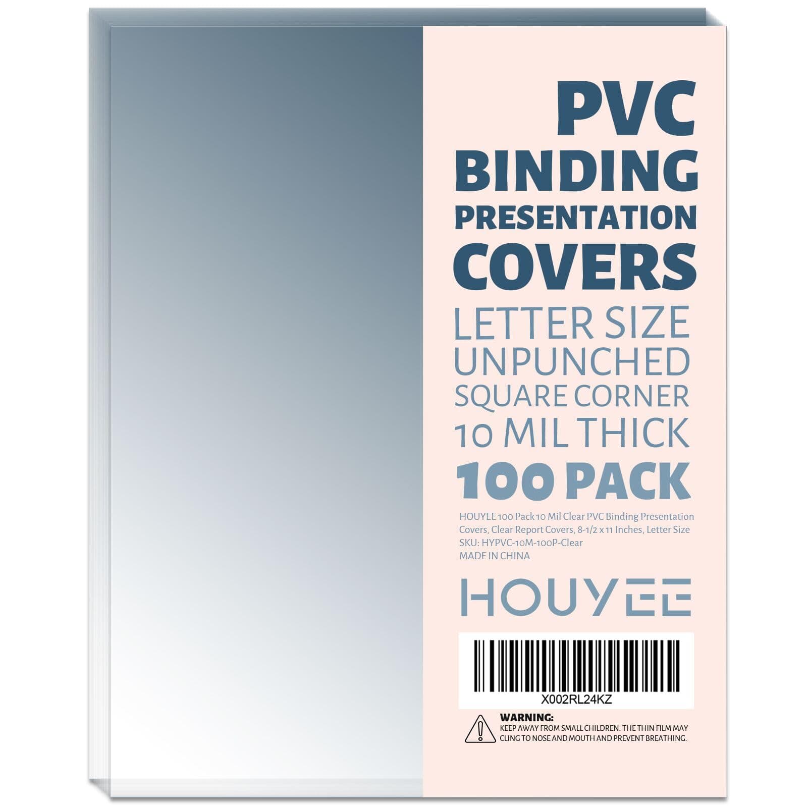 HOUYEE 100 Pack10 Mil Clear Binding Presentation Covers, PVC Report Cover Sheets for Binding, Square Corner, 8.5 x11 Inches, Letter Size