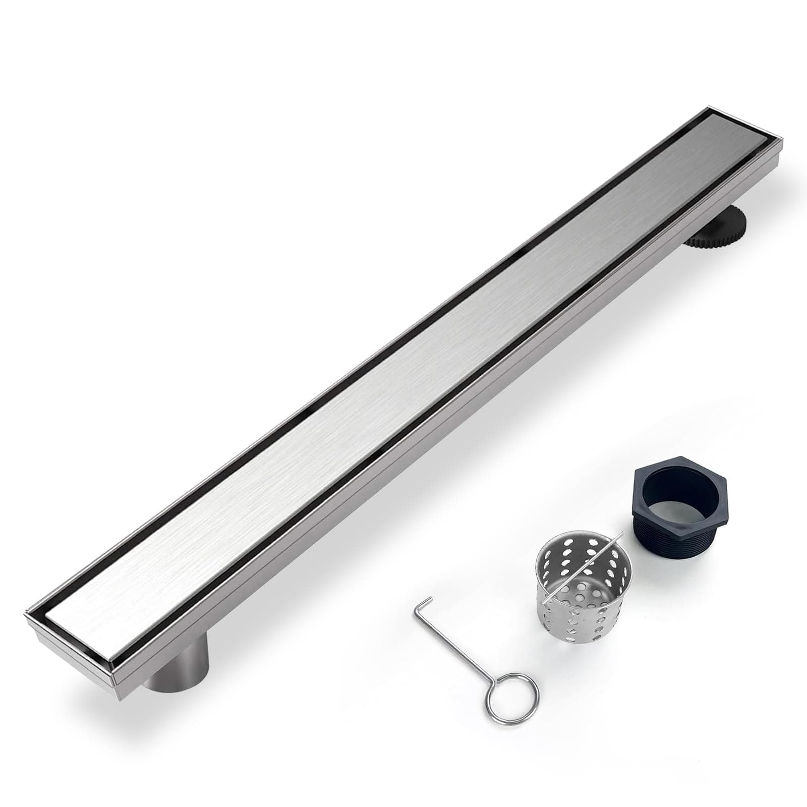 Offset Linear Shower Drain, Shower Drain 24 inch with 2-in-1 Tile Insert Cover, Brushed AISI 304 Stainless Steel Side Outlet Shower Floor Drain with Hair Catcher and Adjustable Feet