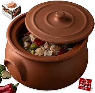 Suphan Handmade 7.6-Quart Large Clay Cooking Pot with Lid, Natural Unglazed Cookware, Terracotta Cazuela, Casserole Dish, Rice Cooking, Stewpot, Korean, Indian, Mexican Dish 7.2 L