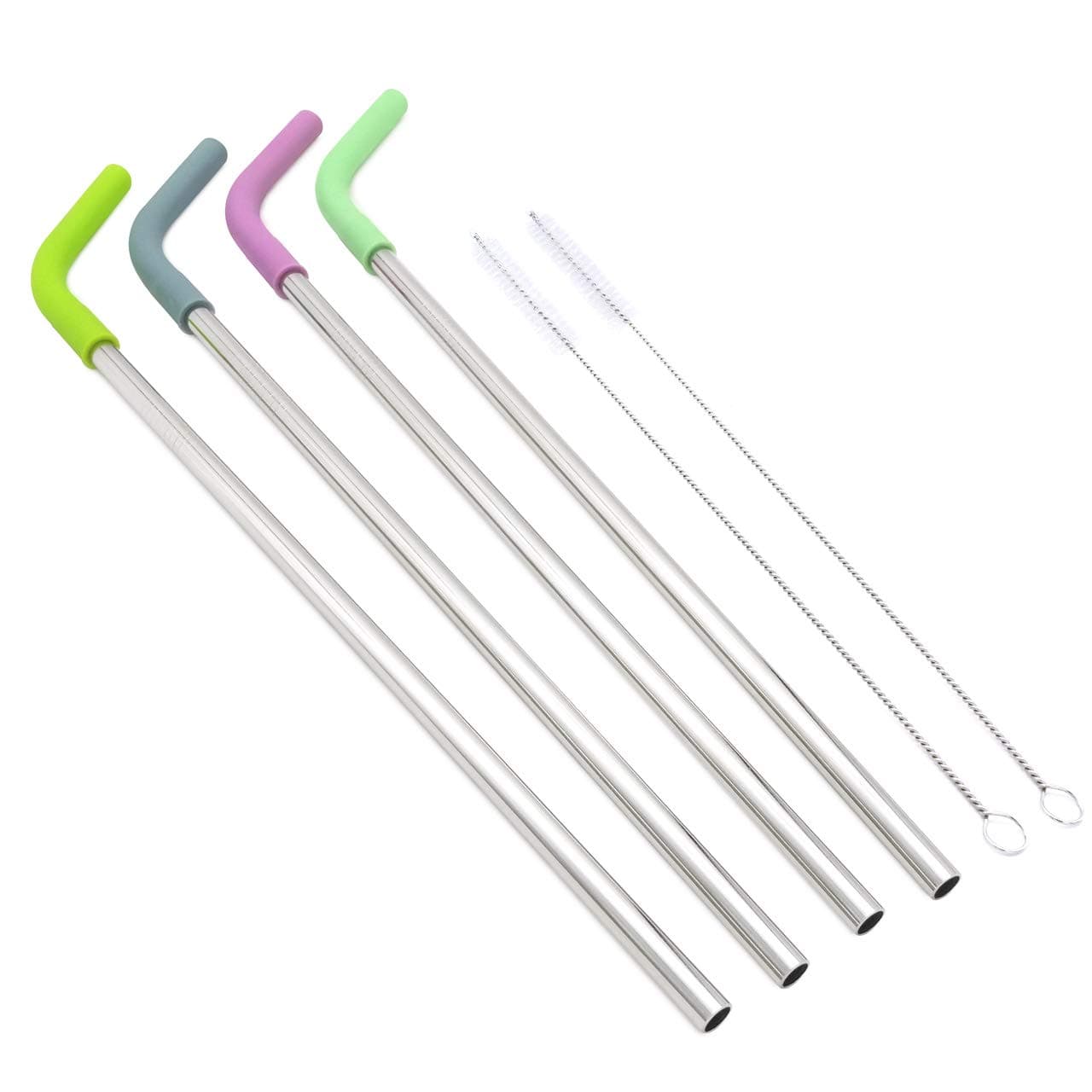 Big Drinking Straws Reusable 13" Extra Long 8mm Extra Wide Food-Grade 18/8 Stainless Steel Silicone Elbows Tips for Smoothie Milkshake Cocktail Juice Hot Drinks - Set of 4 + 2 Cleaning Brushes