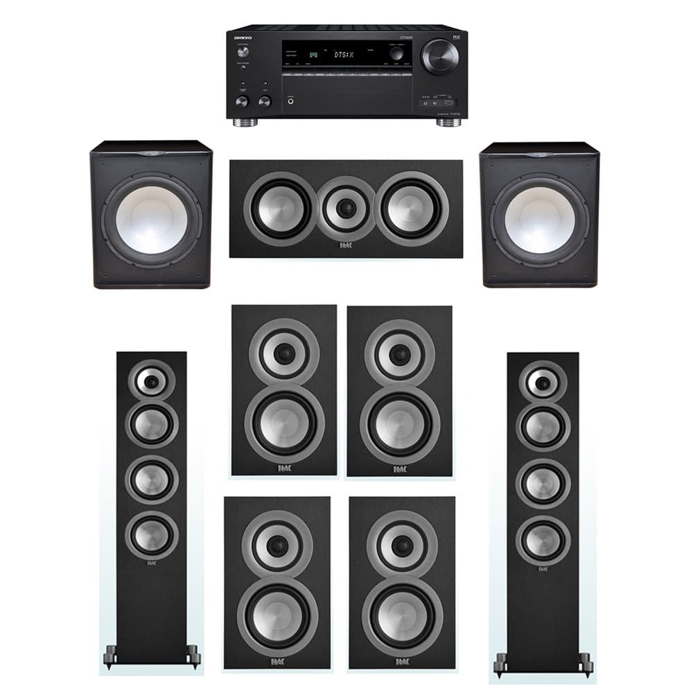 ELAC Uni-Fi 7.2 System with 2 UF5 Floorstanding Speakers, 1 UC5 Center Speaker, 4 UB5 Speaker, 2 Premier Acoustic PA-150 Subwoofer, 1 Onkyo TX-RZ720 Receiver