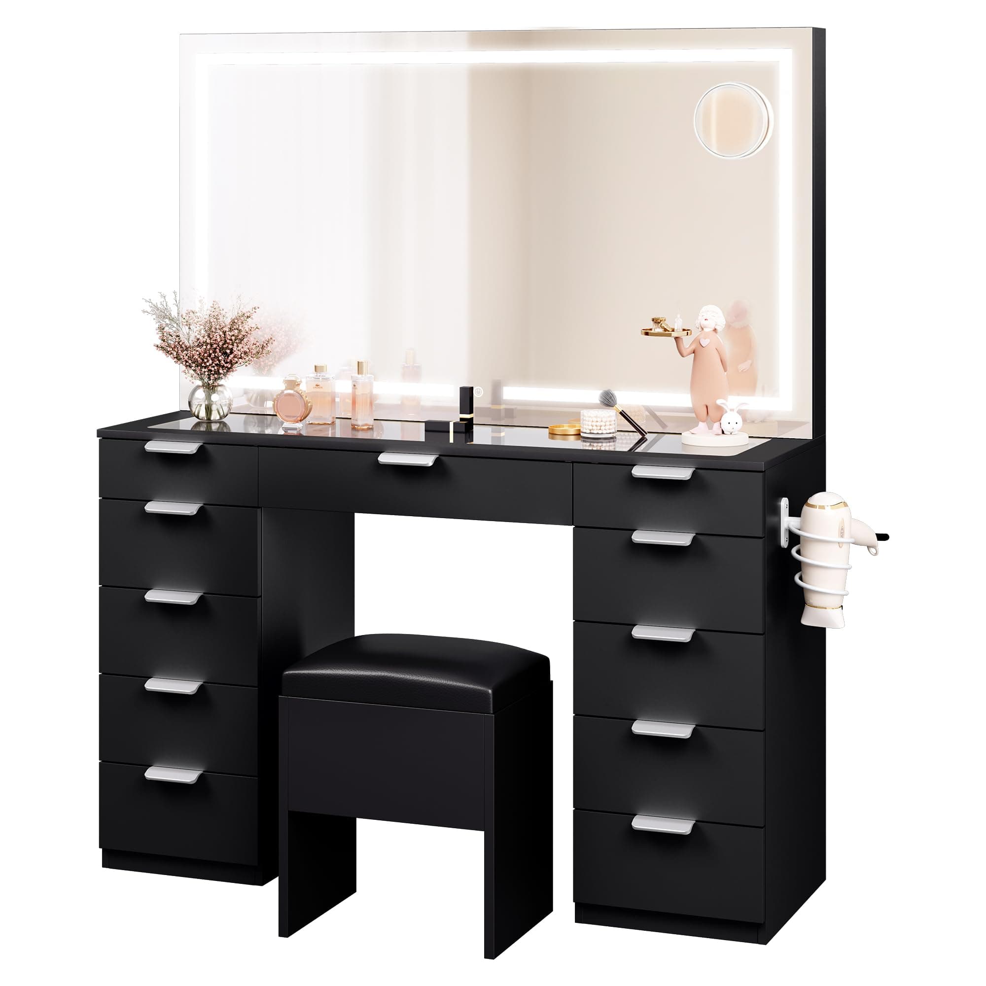 YITAHOME Dressing Table & stool set,Vanity Desk w/ 3-Color LED Lights Mirror,Lights Brightness Adjustable,Transparent Glass Top Vanity Table with 11 Drawers,Power Outlet,Black Makeup Desk for Bedroom