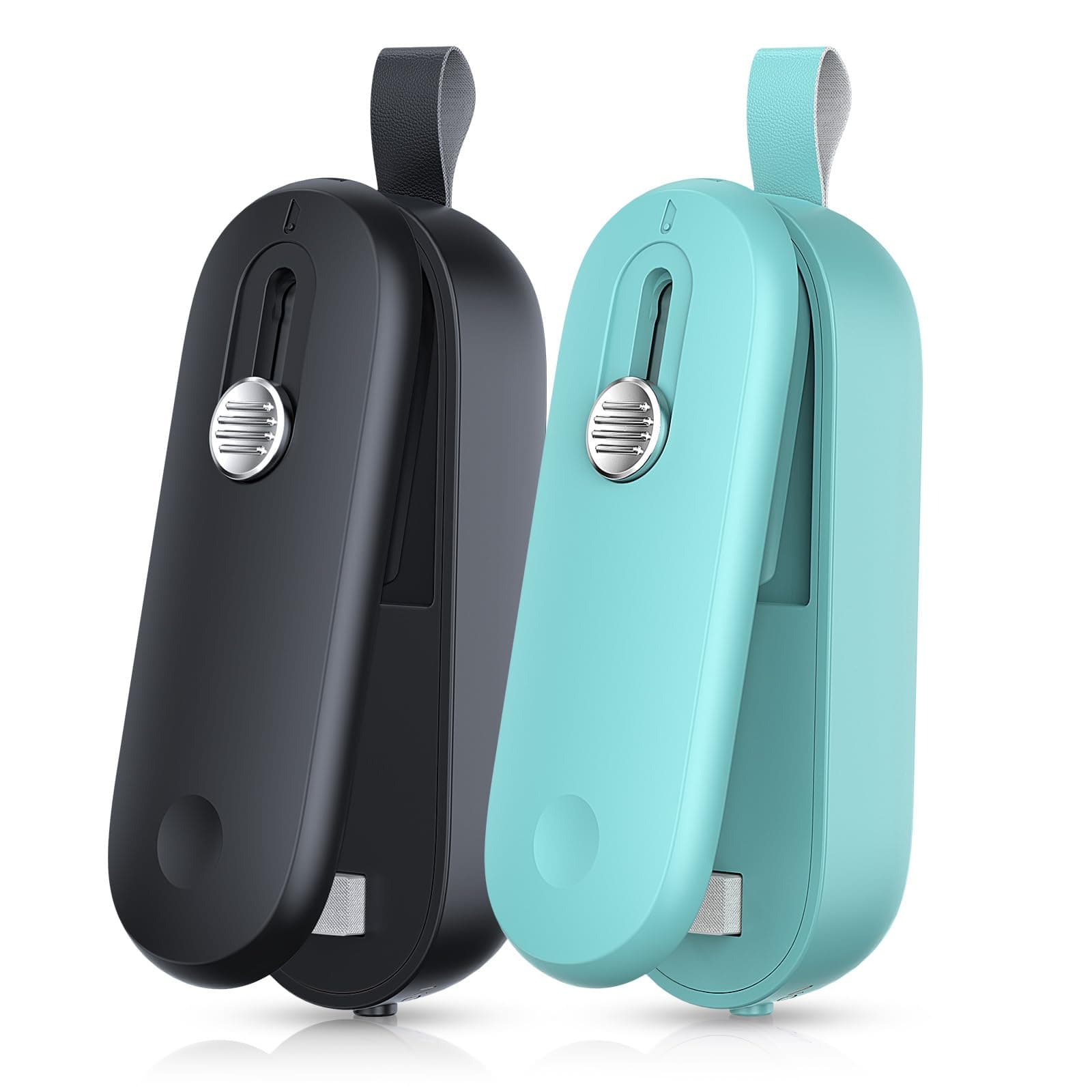 FEPPO 2 Pack Bag Sealer, Mini Bag Sealer 2 in 1 Handheld Chip Bag Sealer Heat Seal and Cutter with Lanyard, Portable Resealer for Snacks Plastic Bag Food Storage, Black/Green (Batteries Included)