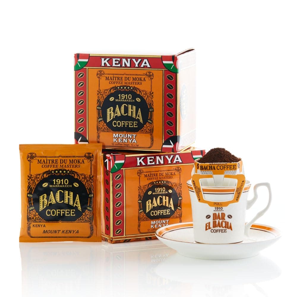 Bacha Coffee | Mount Kenya Single Origin, Medium Dark Roast, 100% Arabica Specialty Coffee, 12 Coffee Drip Bags, Gift Box