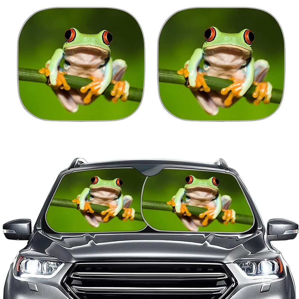 Freewander 2 Pieces Frog Pattern Green Windshild Sunshade Car Front Window Visor Sun Shade Block UV Heat Reflector