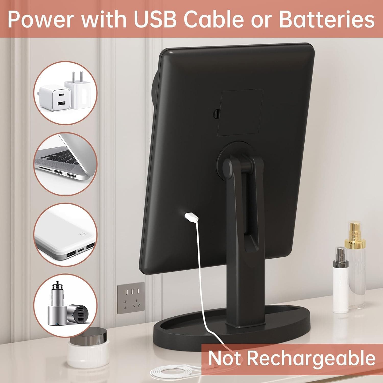 Large Lighted Vanity Makeup Mirror (X-Large Model), Funtouch Light Up Mirror with 35 LED Lights, Touch Screen and 10X Magnification Mirror, 360Ã‚° Rotation Tabletop Cosmetic Mirror (Black)