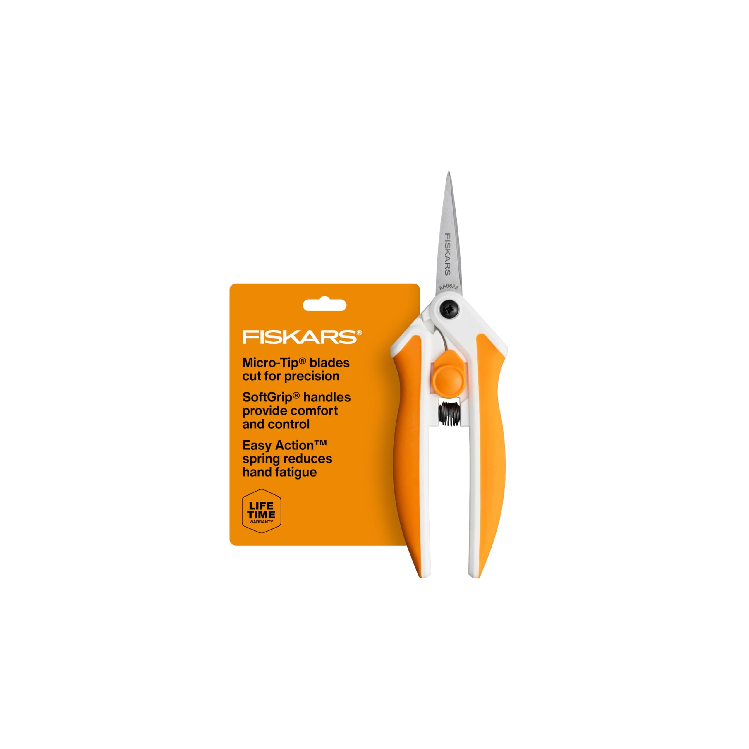 Fiskars Micro-Tip Spring Assisted Scissors, Precision Cutting Stainless Steel Blades, Comfort Handle, Cut Details in Fabric, Sewing Scissors and Arts and Crafts Tools
