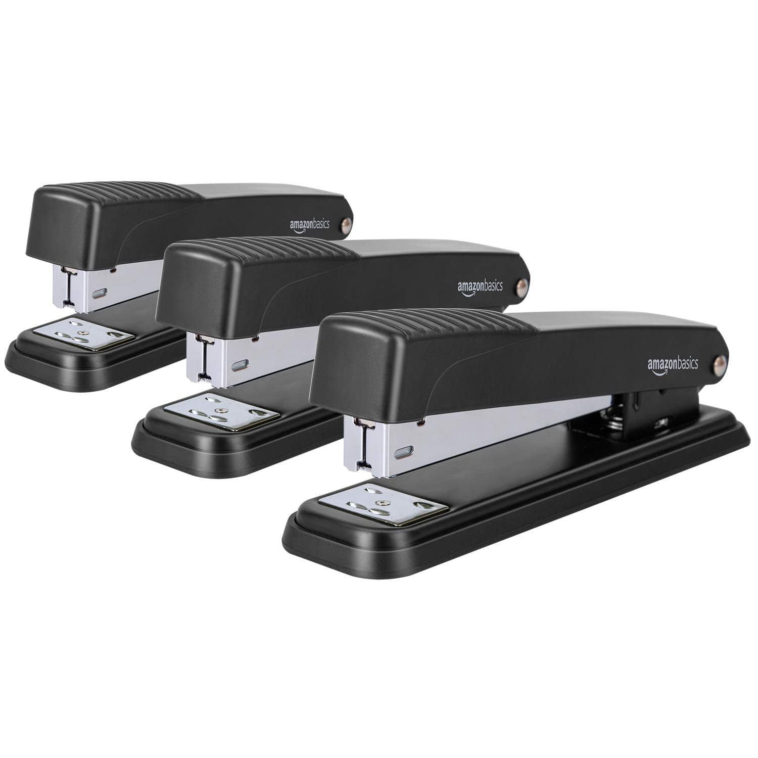 Full-Strip Metal Office Desktop Stapler, 20 Sheet Capacity, Non-Slip, Black, 3-Pack