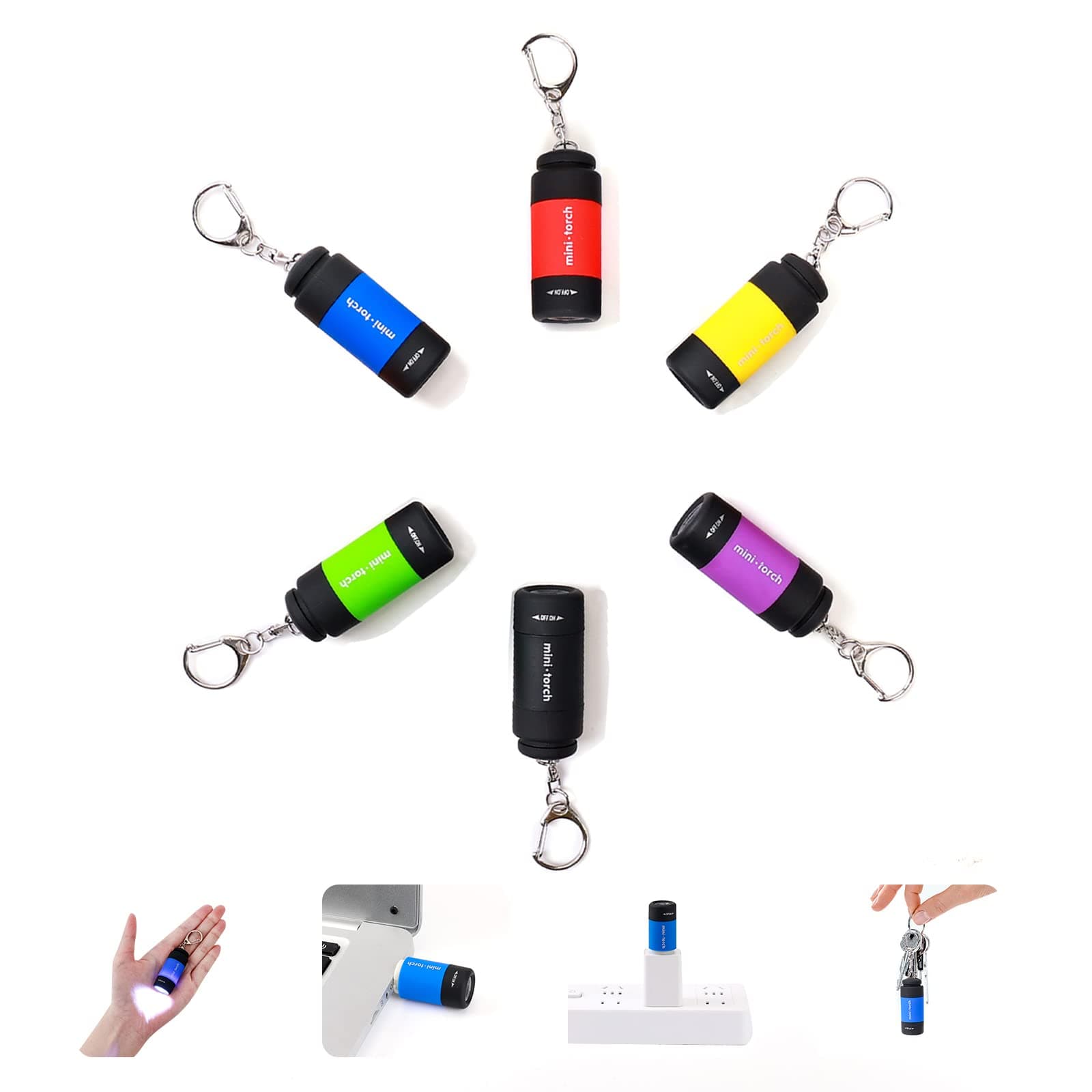 TileonMini Keychain Light,USB Rechargeable Keychain Flashlights 6pcs Waterproof Small Flashlights for Emergency LED Tiny Flashlight Colorful Gift for Kids Students Family(6 Color)