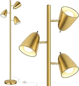 QiMH Tree Floor Lamp with 3 Light Bulbs, Standing Tall Pole Lamps for Living Room Bedroom Office, Reading Stand up Lamps with 3 Adjustable Arms, Brushed Gold