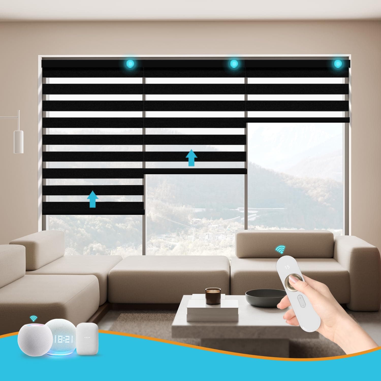 Motorized Zebra Blinds with Remote Smart Blind Work with Homekit Alexa SmartThings Electric Day and Night Shade Cordless Automatic Solar Powered Window Shade Customize(Pure Black)