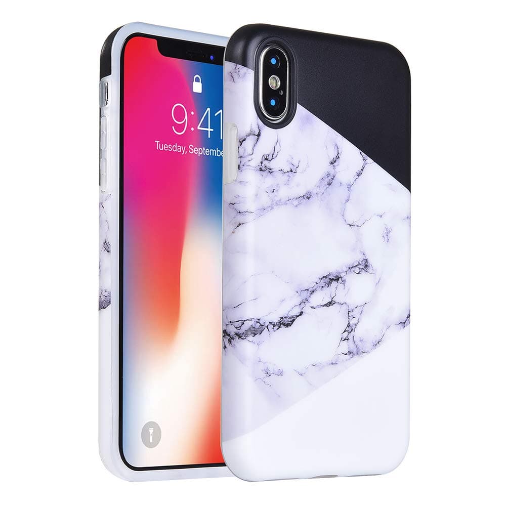 KIMICO iPhone X Case, Geometric Marble Design [Shockproof][Supports Wireless Charging][Slim Fit][Anti-Scratch/Anti-Fingerprints] Flexible TPU Protective Cover (Marble White X)