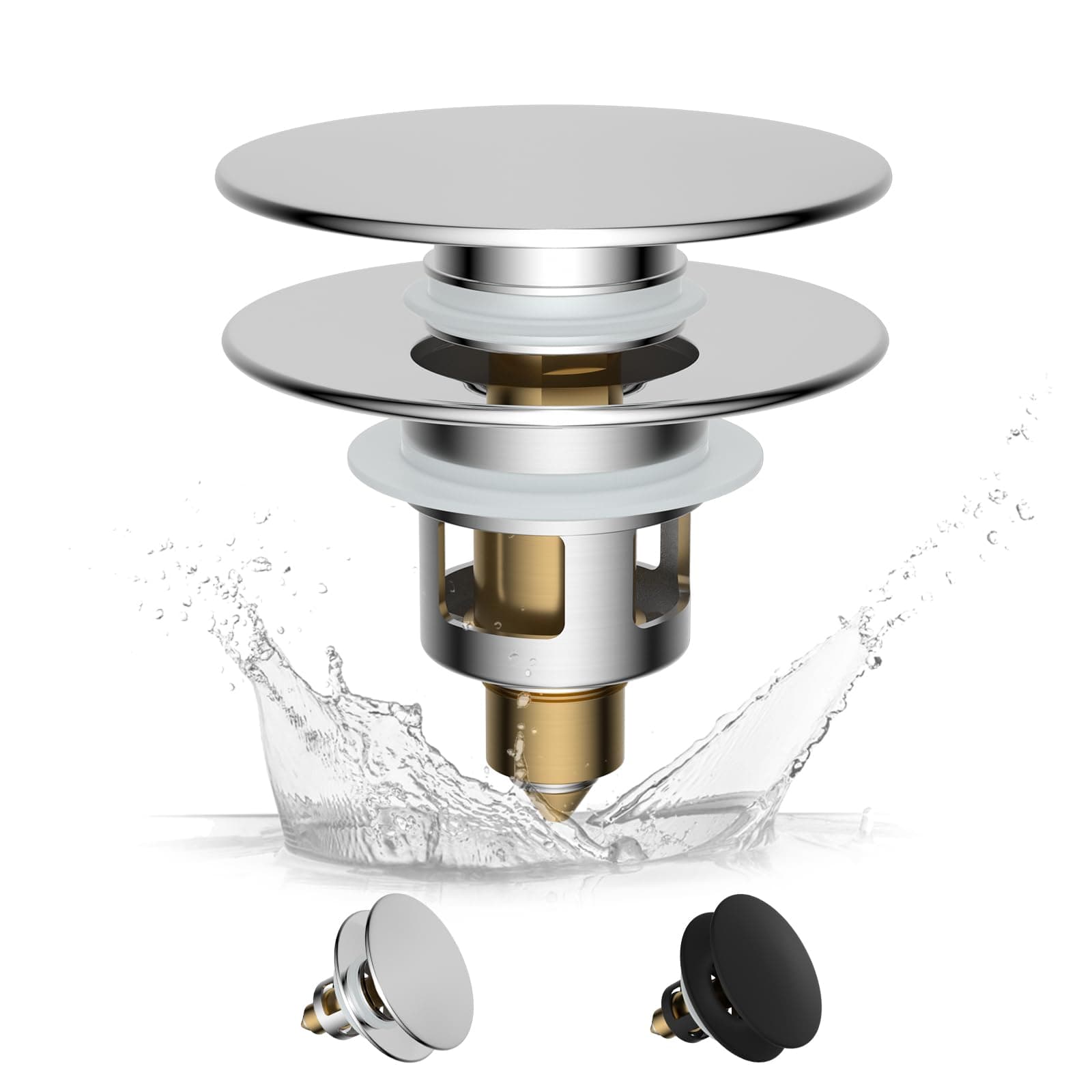 Pop up Sink Plug with Drain Strainer, Brass Bounce Core Push Drain Plug, Suitable for 1.18'' to 1.81'' (30-46mm), a Depth ＞50mm, Universal Sink Stopper Replacement for Bathroom Basin, Chrome