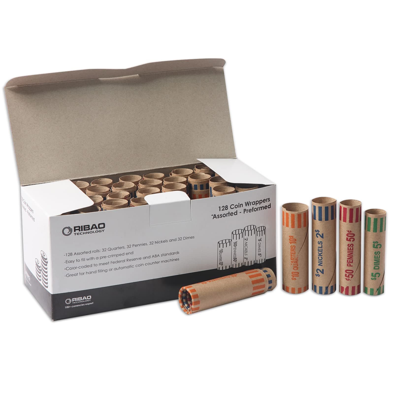 RIBAO TECHNOLOGY 128 Assorted Coin Roll Wrapper Preformed Crimped End, Nickels, Dimes, Pennies and Quarters(128 Assorted, 32 Each)
