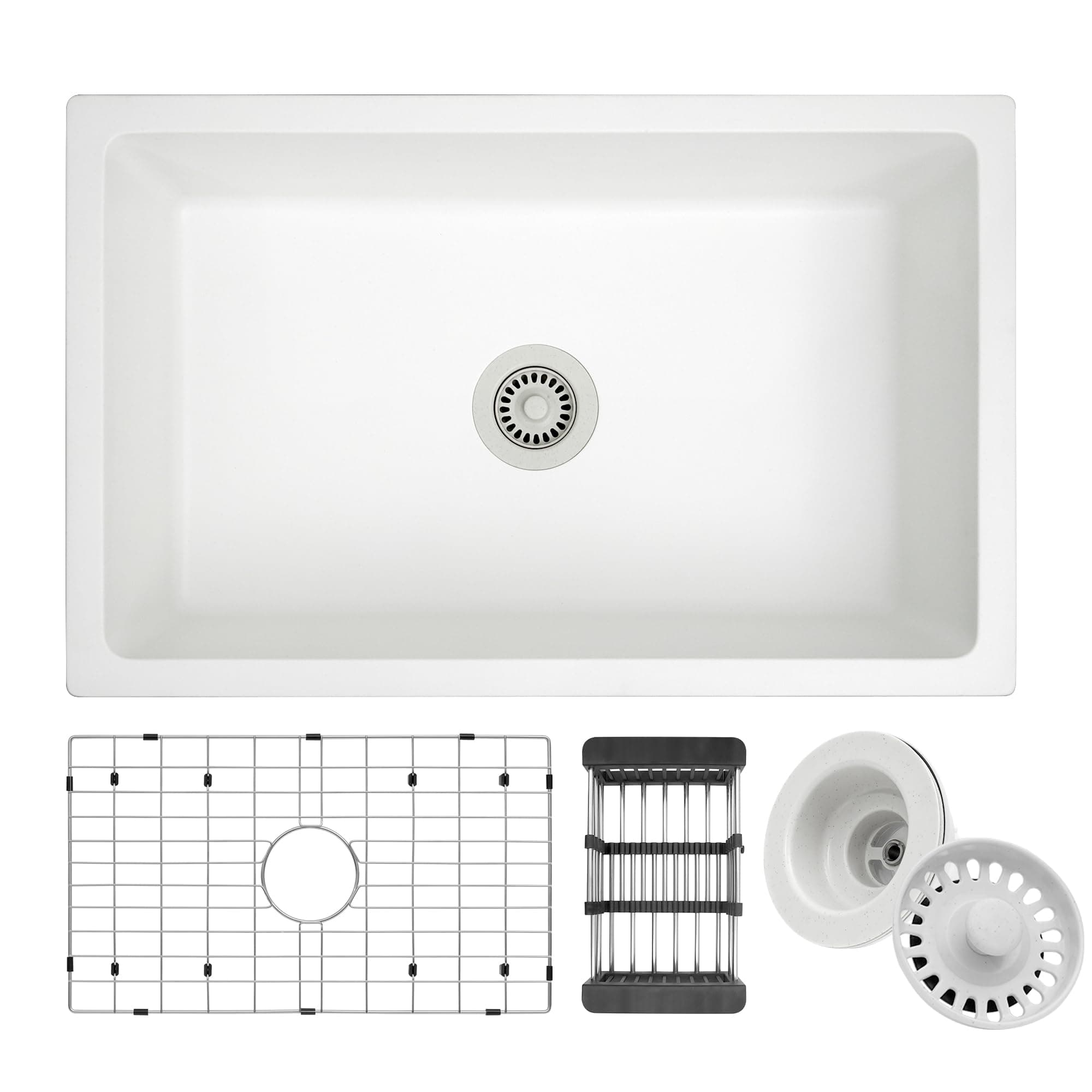 White Kitchen Sink, White Granite Composite Kitchen Sinks with Accessories, 30 Inch Undermount Quartz Stone Kitchen Sink, 30" x 19" x 9" Large and Deep Single Bowl Kitchen Sinks