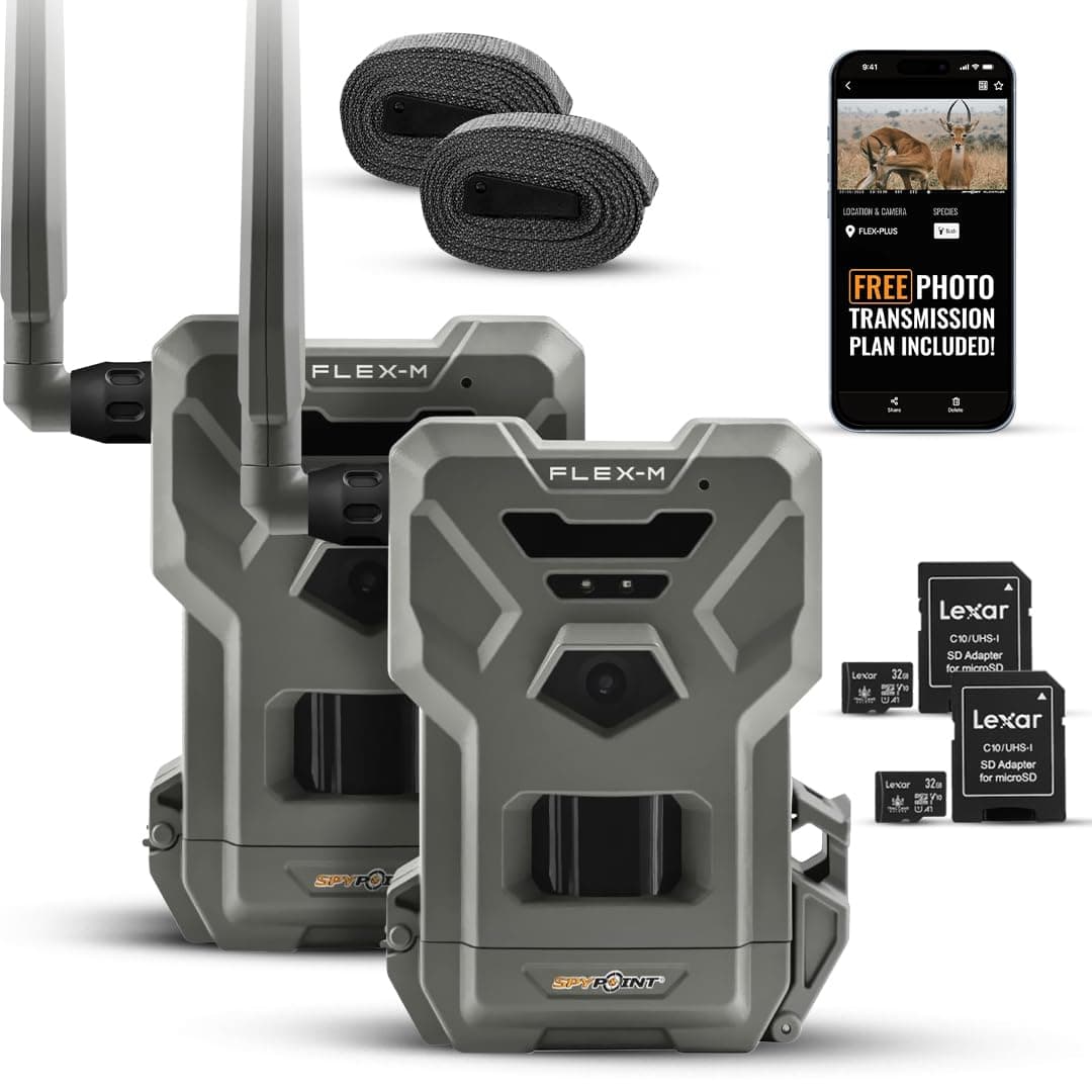 SPYPOINT Flex-M Cellular Trail Camera | Hunting Accessories | GPS-Enabled | Night Vision | Dual-Sim LTE Connectivity | IP65 Waterproof | 28MP Photos, 720p Videos + 32GB Micro SD Card (Pack of 2)