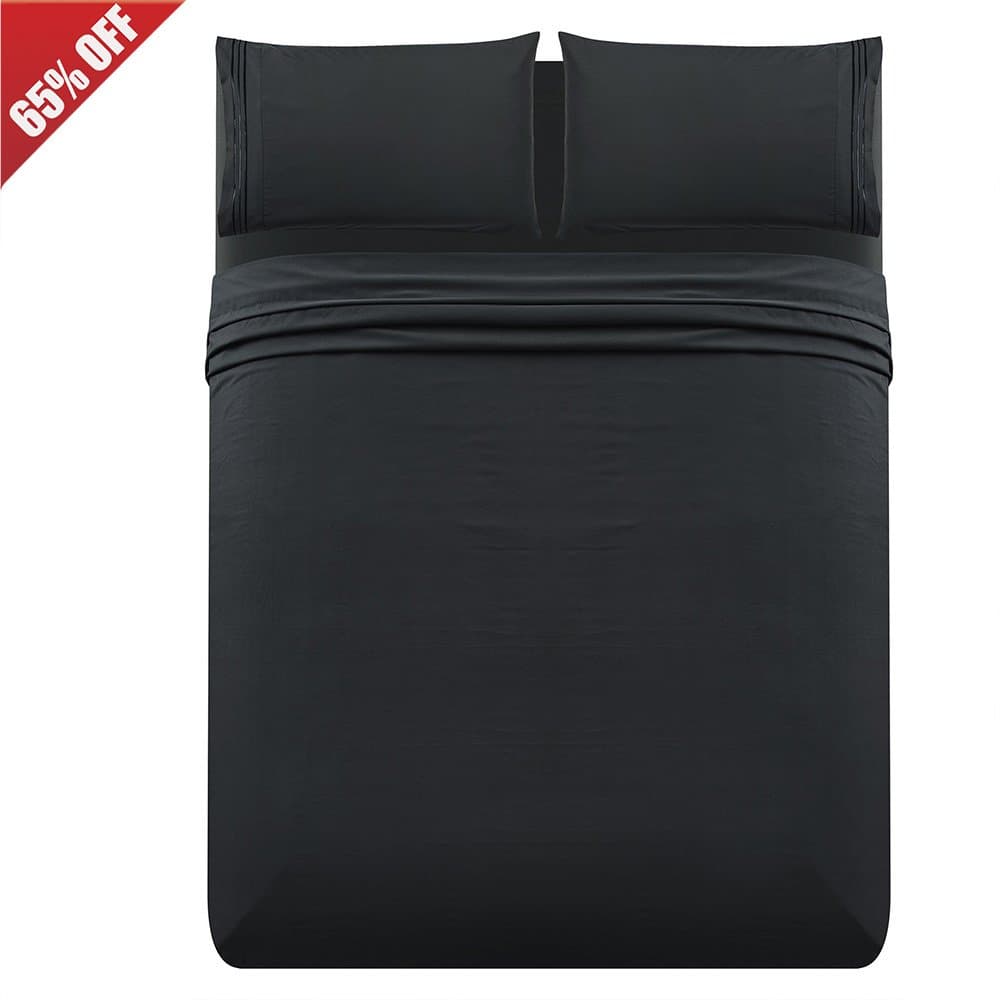 L-Angel 4pc 1800 Thread Count Brushed Microfiber Embroidered Bed Sheet Set with Fitted & Flat Sheet & Pillowcases - Deep Pocket Wrinkle Free Hypoallergenic Bedding, Black, Queen