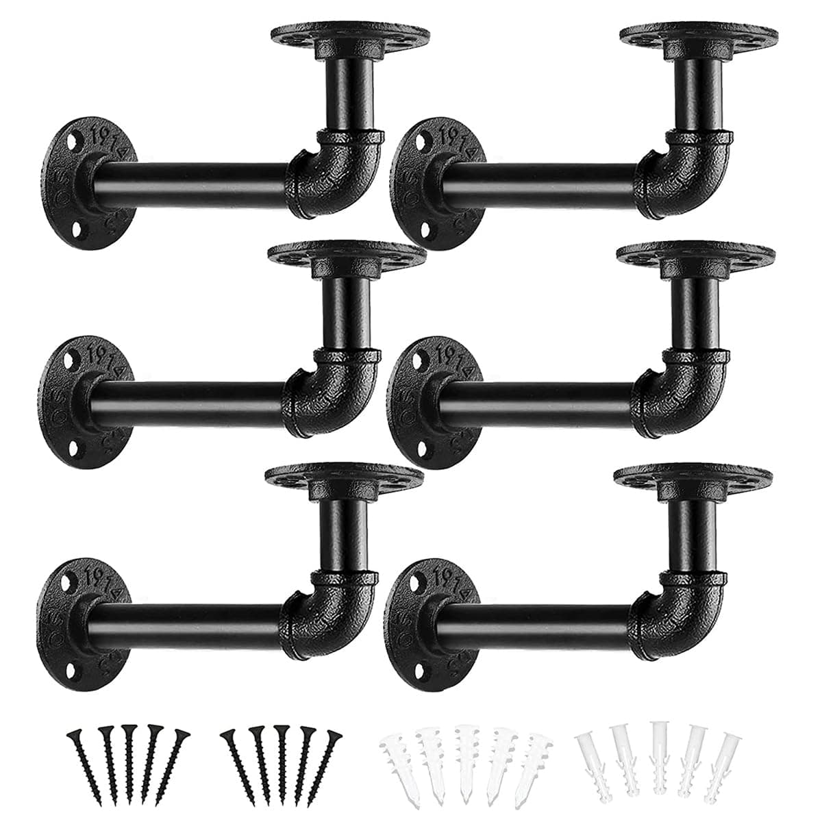 6 Pack Industrial Pipe Shelf Brackets - Black Iron Pipe Brackets Floating Shelf Brackets for Wood Board Shelves Bookshelf Home Decoration - 15 x 8 cm