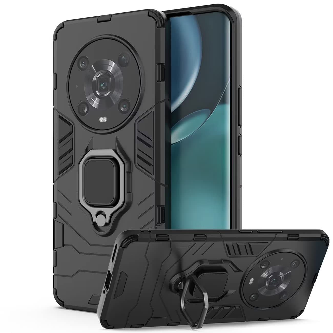 DERHAN Case for honor Magic 4 Pro 5G, Shockproof Armour Phone Case with 360° Rotating Stand, Hard PC TPU Silicone Protective Cover Bumper - Black