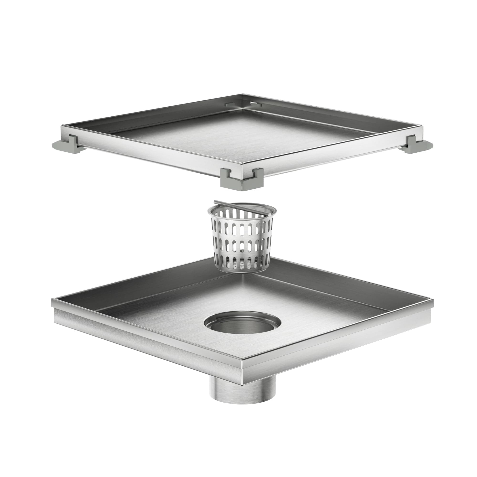 Neodrain 8-Inch Square Shower Drain with Removable Tile Insert Grate, Brushed 304 Stainless Steel, CUPC Certified, Includes Hair Strainer