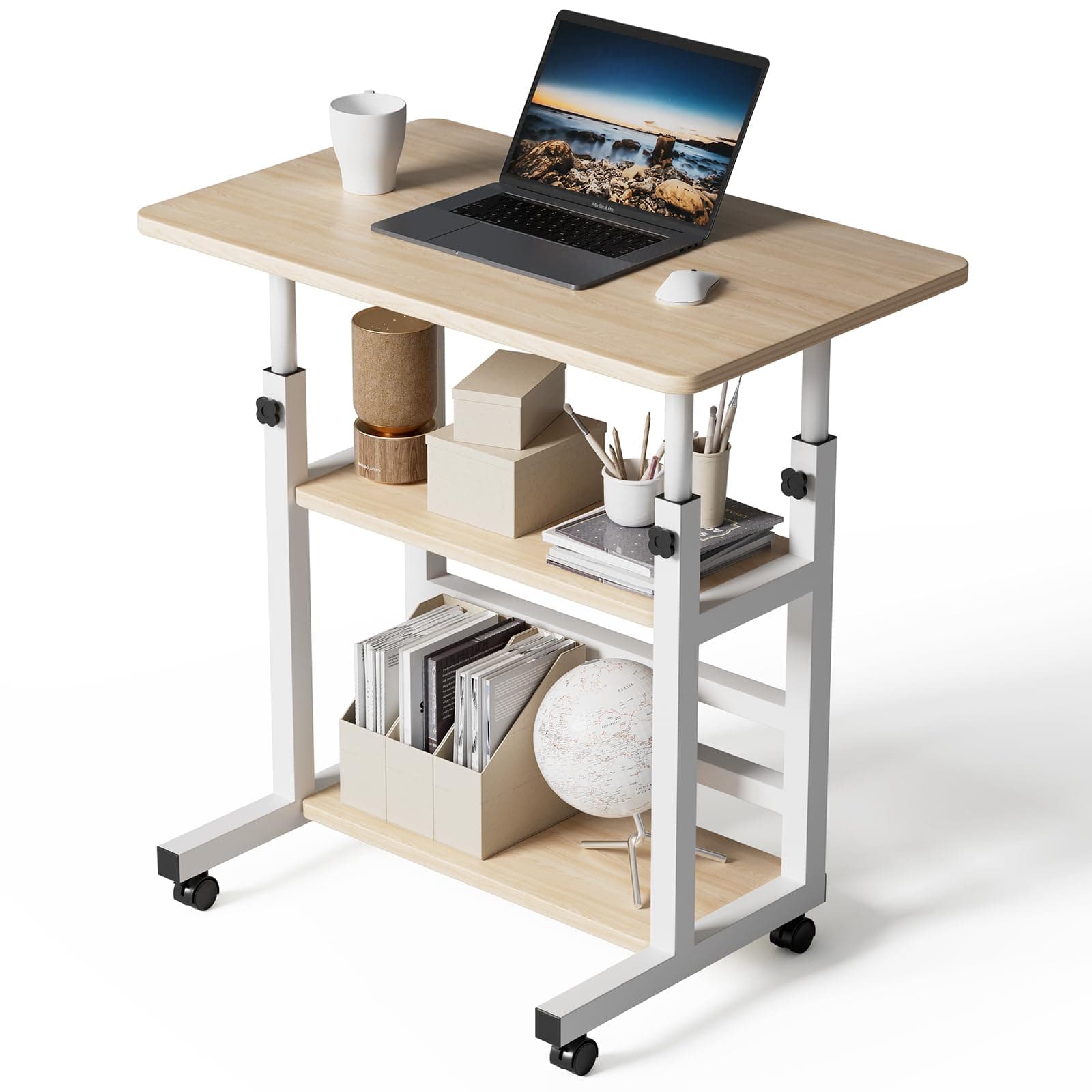Height Adjustable Computer Desk Table Movable Office Desk with Wheels,Laptop Table Study Gaming Desktop Workstation 2 Shelves for Home Office Furniture,60x37x60-90cm Maple