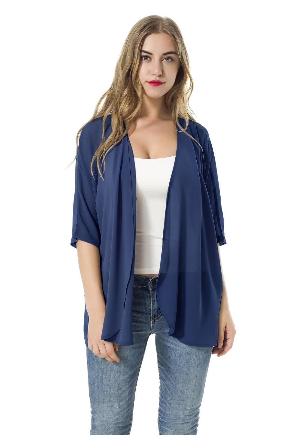 XINAO Women's Open Front Casual Solid Comfy Light Short Sleeve Chiffon Cardigan (S, Blue)