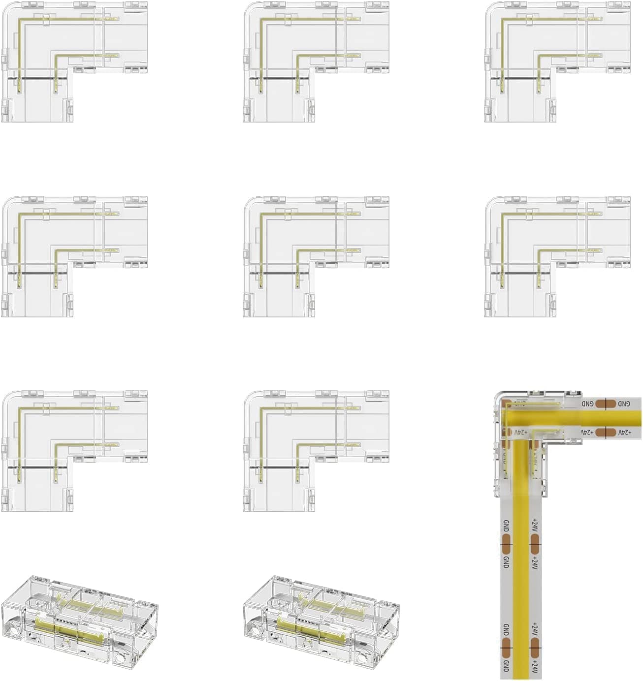 COB LED Strip Connector Set - 8 L Shape Corner and 2 Clear Center Connectors for 8mm Width 2Pin LED Strips (NOT for 5mm & 10mm Tape Lights)