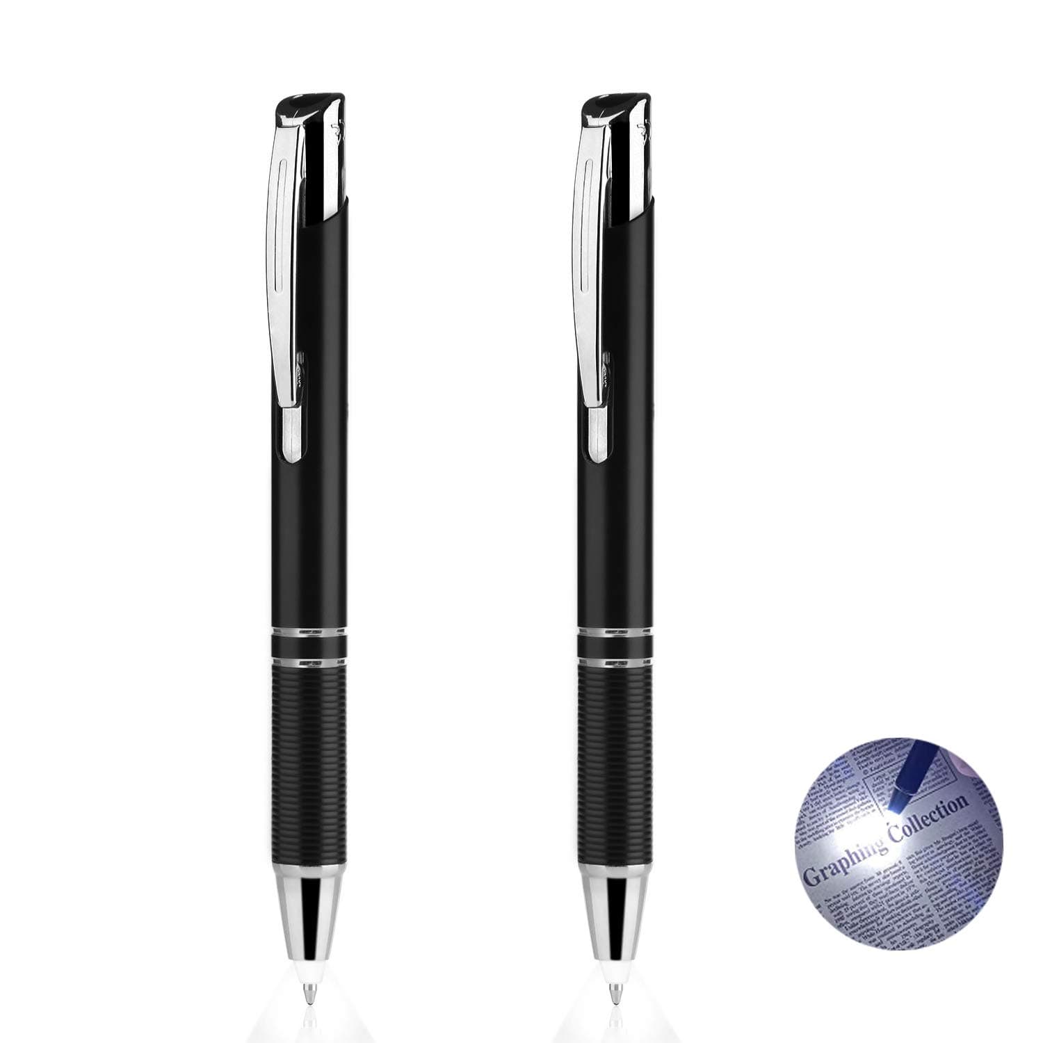 Glowseen LED Pen, 2 Pack Lighted Tip Pen Smooth Writting Ballpoint Pen,LED Powered Ink Penlights with Extra Refill and Batteries for Night Write - White Light