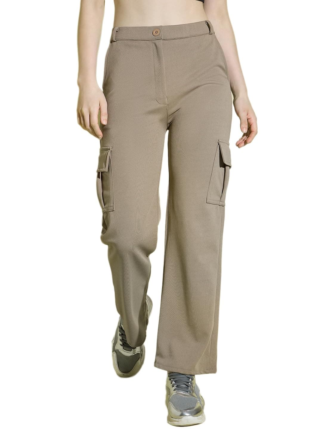 Plus Size Straight Fit Full Length Solid Cargo Pant | Women Casual Pant