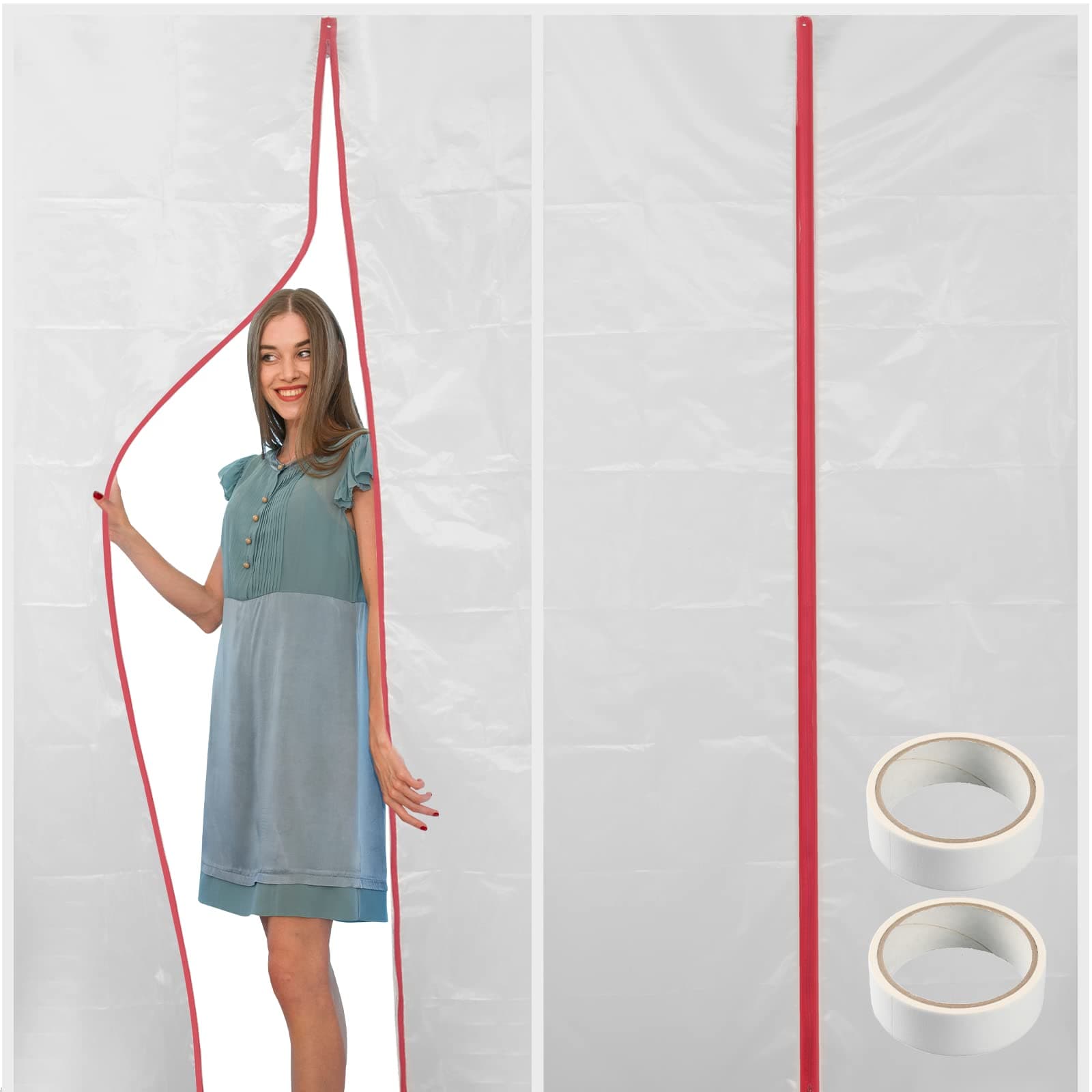 (2-Pack) 4 ft x 7 ft Plastic Zipper Door Dust Protector (Red Zippers) - Heavy-Duty Plastic Sheeting with Zipper Door Dust Protection - Easy to Install and Remove - Includes 3 cm x 10 m Gaffer Tape