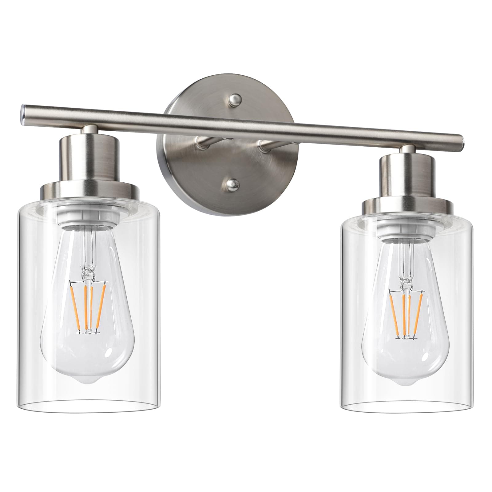 2 Light Vanity Lights, Brushed Nickel Wall Sconce Light with Clear Glass, Bathroom Light Fixtures, Wall Lights for Mirror, Living Room, Bedroom, Hallway, E26 Base (Bulbs Not Included)