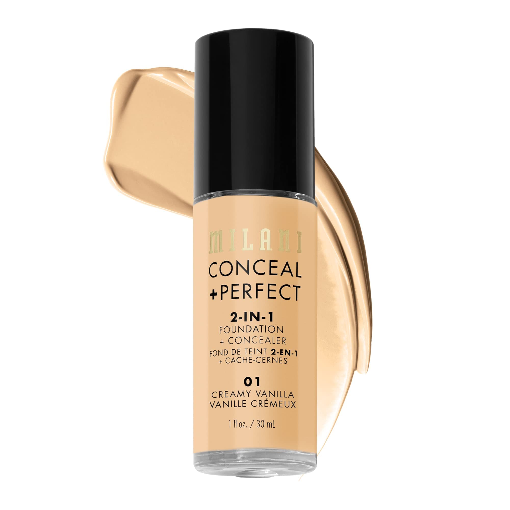 Milani Conceal + Perfect 2-in-1 Foundation + Concealer | Full Coverage Long Wear Makeup | Lightweight, Hydrating with Vitamin E | Covers Redness, Dark Circles, Crease-Proof, Paraben-Free | 01A Creamy Vanilla | 30ml.