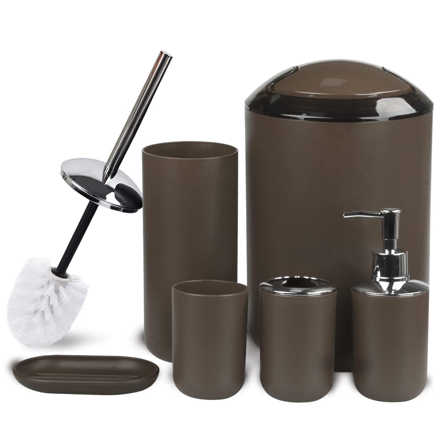 CERBIOR Bathroom Accessories Set 6 Piece Bath Ensemble Includes Soap Dispenser, Toothbrush Holder, Toothbrush Cup, Soap Dish for Decorative Countertop and Housewarming Gift (Warm brown-6pcs)