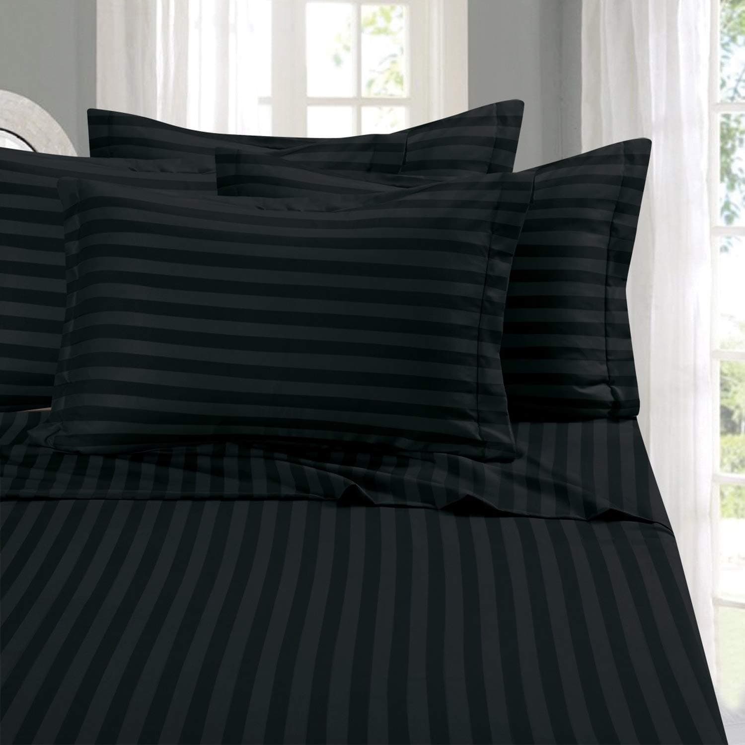 Best, Softest, Coziest 6-Piece Sheet Sets! - 1500 Thread Count Egyptian Quality Luxurious Wrinkle Resistant 6-Piece Damask Stripe Bed Sheet Set, Queen Black