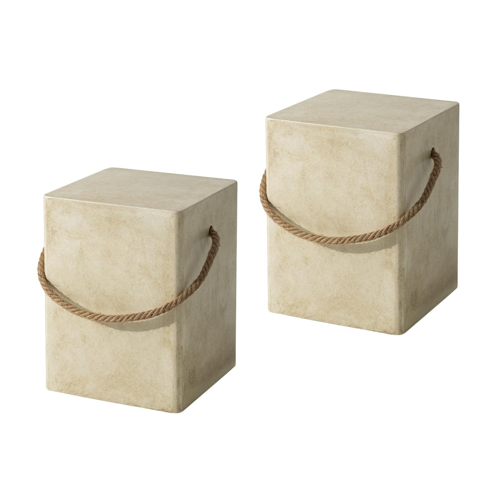 COSIESTSet of 2 Concrete Side Table, Rectangular Outdoor Side Table w Hemp Rope Handles,15''Patio Side Tables End Table, Outdoor Accent Side Table for Garden and Patio, Beige